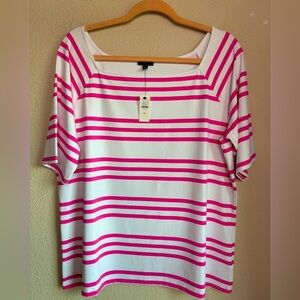 NWT Talbots Super Stretchy Pink & White Striped Square Neck Short Sleeve Top 1X